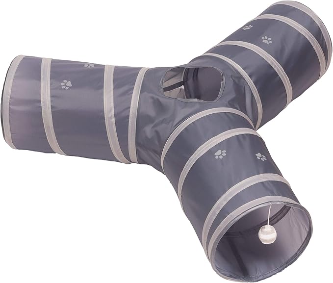 Cat Tunnel - Collapsible 3 Way Play Toy - Tube Fun for Rabbits, Kittens, and Dogs - Grey
