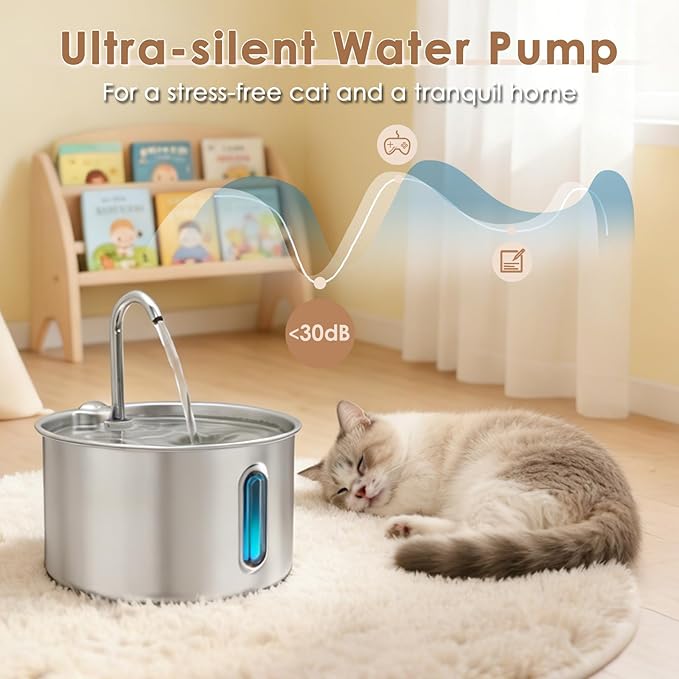 Stainless Steel Cat Water Fountain, 135oz/4L Automatic Pet Water Dispenser with 3 Filters & 2 Water Outlets, Quiet Indoor Drinking Fountain for Cats Small Dogs, Water Level Window
