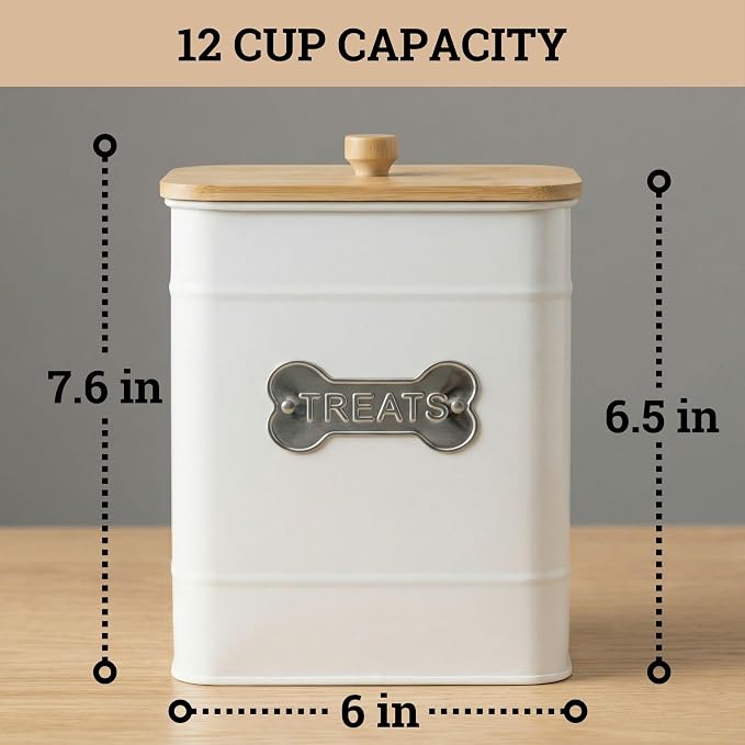Dog Treat Container Airtight, 6"W x 8"H, Powder Coated, 12 Cup Capacity | Fits All Popular Treats, 12 Cup Capacity, Airtight Bamboo Lid, Easy Open Lid, Dent-Resistant Durable Metal