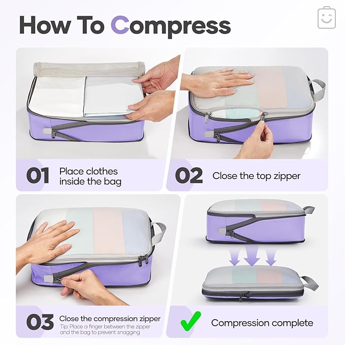 Veken 11 Set Compression Packing Cubes Garment Bags for Travel Essentials,Compressible Expandable Luggage Organizer Bags for Clothing,Space Saver Bags with Over 1000 pcs of Mesh Holes(Light Purple)
