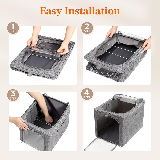 Lifewit Clothes Storage Bins with Metal Frame 4 Pack, Fabric Stackable Storage Bags with Lids, Zipper, Foldable Clost Organizers Containers for Clothing, Blanket, Winter Cloth, 40L