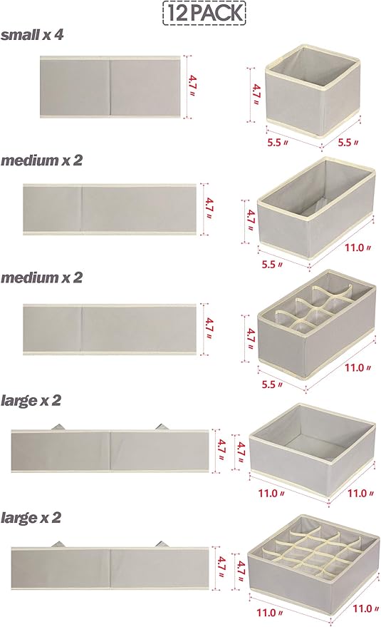 TENABORT 12 Pack Foldable Drawer Organizer Dividers Cloth Storage Box Closet Dresser Organizer Cube Fabric Containers Basket Bins for Underwear Bras Socks Panties Lingeries Nursery Baby Clothes Gray