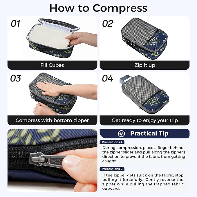 BAGAIL 4 Set/6 Set/8 Set Compression Packing Cubes Travel Accessories Expandable Packing Organizers (Half Mesh, 6-Navy Leaf)