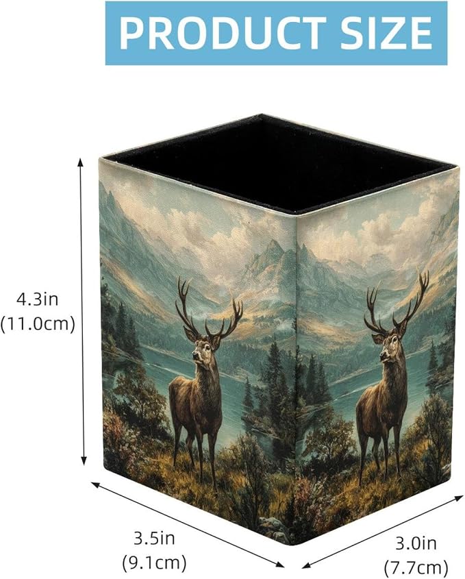 Retro Deer Pen Holder for Desk Decor, Rectangular PVC Leather Pencil Cup for Desk Pen Organizer, Makeup Brush Holder for School, Home, Office