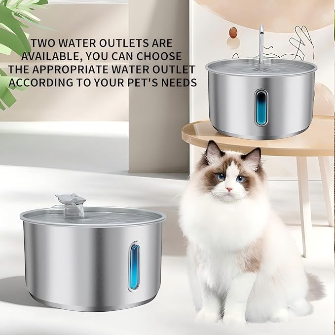 135oz/4L 304 Stainless Steel Cat Water Fountain for Cats & Dogs – LED Window with Blue/Red Alerts, Ultra-Quiet 38dB Pump, Auto Shut-Off, Night Light, Indoor Pet Water Dispenser