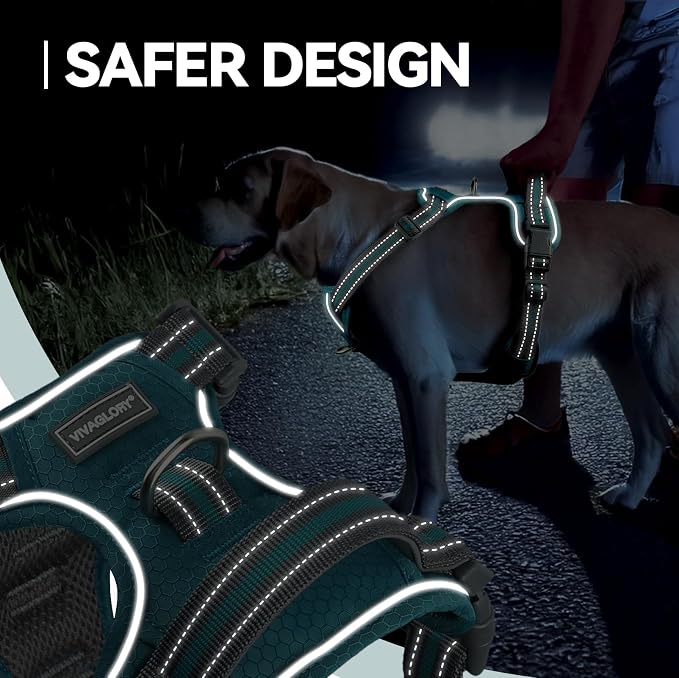 VIVAGLORY No Pull Dog Harness Vest Harness, L, Hunter Teal - Patterned | with Handle Front and Back Clip for Training & Pulling, No Pull & Escape Proof Padded Adjustable for Pet Puppy