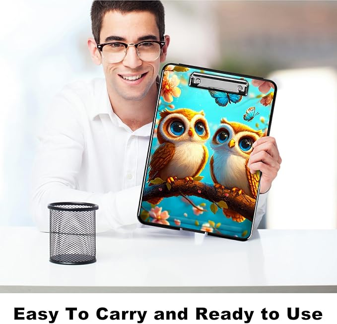Owl Blue A4 Clipboard with Storage Pen Holder, Clipboards Organizer Nursing Clipboard Foldable File Folder Plastic Clipboard Folio Clip Board for Office Students Classroom Doctor