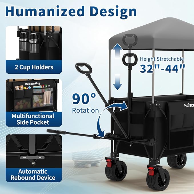 Collapsible Canopy Wagon Cart, Heavy Duty Utility Wagon with Removable Sun Cover, All-Terrain Big Wheels, Dual Brakes, Extra Large Grocery Cart for Beach Camping Sports Tailgates, Black