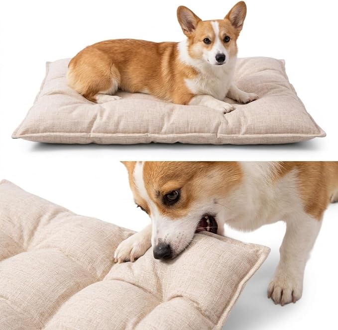 Chew Proof Dog Bed for Crate, Indestructible Durable Kennel Mat with Reinforced Corners, Large Washable Chew Resistant Pet Pad for Small Chewers (Beige, 17"×13")