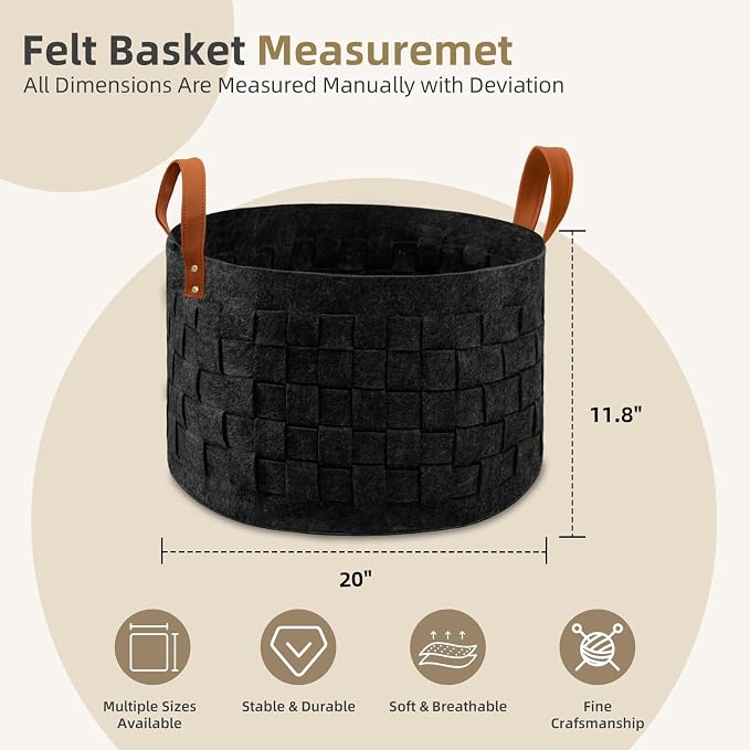 boldmonkey Laundry Basket 20 " x20 x11.8 , Large Round Blanket Basket with Leather Handle, Felt Storage Basket for Living Room, Nursery, Dog Toys-Dark Gray