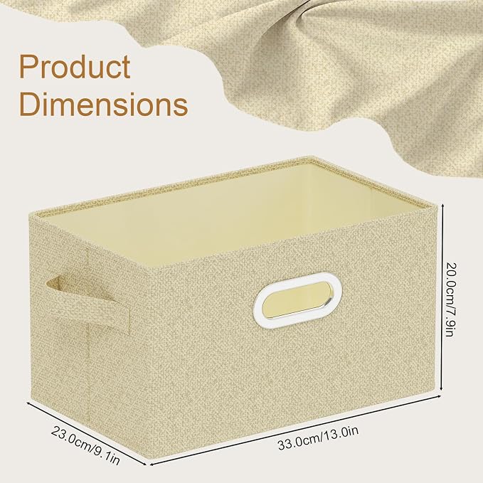 Storage Bins with Metal Grips,Grey and Beige,13x9.1x7.9in,2 Pack | Fabric Storage Baskets with Soft Cloth Handles,Thick PP Panel Wardrobe Containers,Wipeable Open Boxes for Closet Shelves