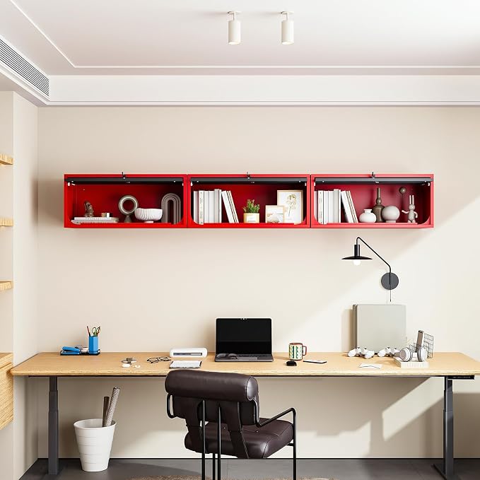 Metal Wall Storage Cabinet with Up-flip Door, Wall-Mounted Storage Cabinet for Garage, Warehouse, Home, Office, Assembly Required (Black Red, One Cabinet)