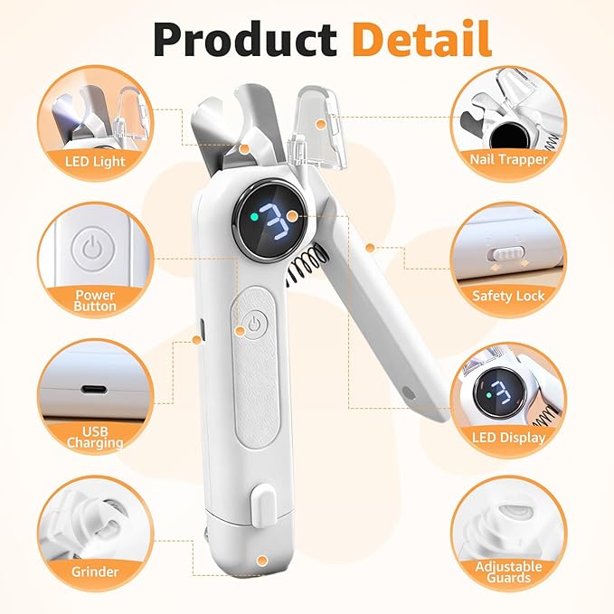 2-in-1 Dog and Cat Nail Grinder and Clipper - 3-Speed Adjustable Electric with Manual Head, Quiet Motor and LED Light for Safe Trimming, Professional Grooming Tool for All Pets