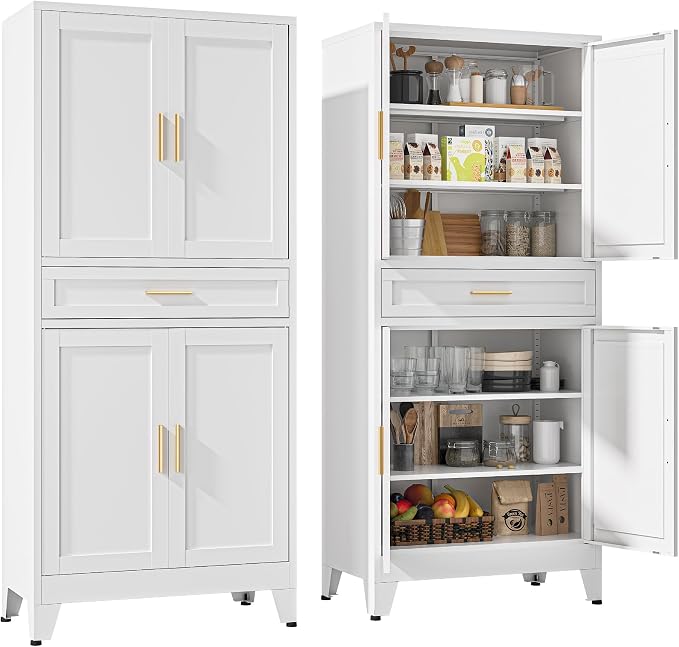 YAUWOH 71''Tall Kitchen Pantry Cabinet with Drawer,6-Tiers Metal Pantry Storage Cabinet with 4 Adjustable Shelves and 4 Barn Doors, Freestanding Farmhouse Food Cupboard for Dining Room (1PC,White)