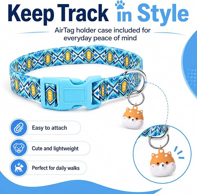 Matching Dog Collar and Leash Set with AirTag Holder-Blue Lattice/L | Anti-Lost,Adjustable Durable Pet Collar Leash Combo for Large Boy Girl Dogs,for Outdoor Walking Hiking Training Running