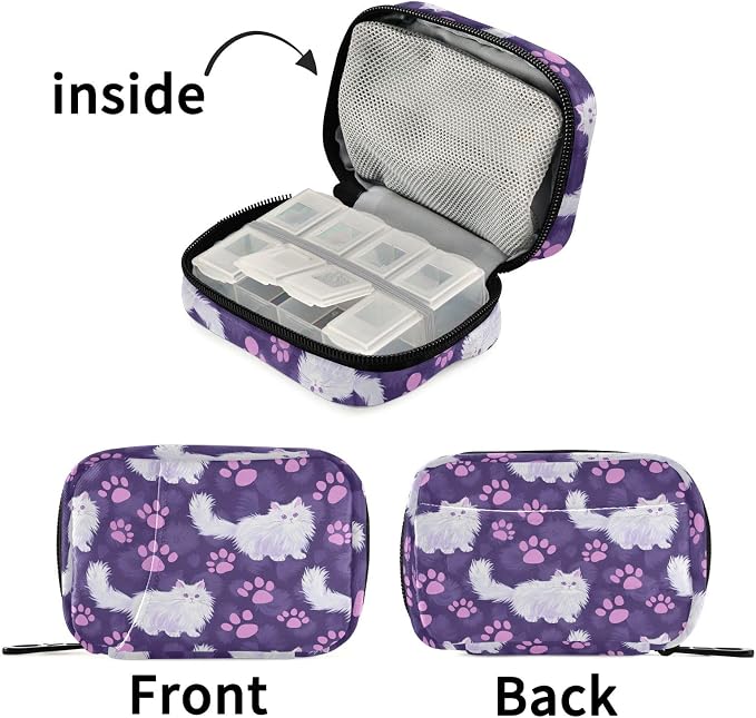 Fustylead Cute Angora Cat and Purple Paw Prints on Purple Background Travel Pill Organizer Case Zipper for Purse with Removable Weekly Pill Box for Medicine, Vitamin, Supplement Medicine Organizer