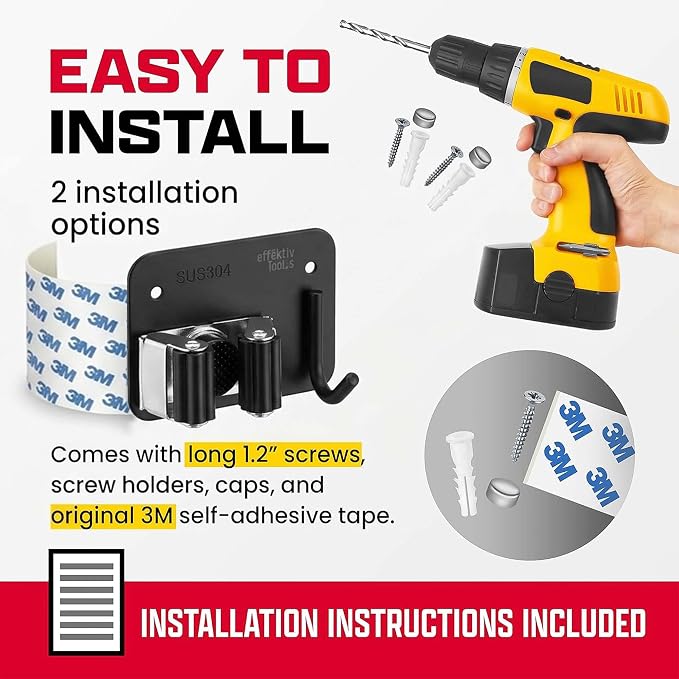 4 Pack Wall Mount Hanger for Brooms & Mops - Heavy Duty Adhesive SUS304 Stainless Steel Broom Holder with 1 Clamp, 1 Hook, & 4 Towel Hangers for Small Nooks & Utility Closet Organization