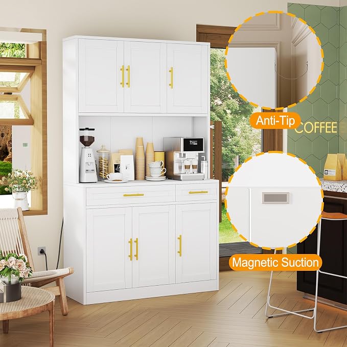 71 Sideboard Buffet Cabinet, Metal Kitchen Coffee Bar Cabinet White | Pantry Sideboard Storage, Coffee Bar Table Console with Cable Hole, Drawers, Adjustable Shelves for Kitchen, Living Room