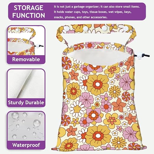 Small Flowers Strap Drawstring Car Trash Bag Hanging Garbage Bag with Snap Buttons Car Back Seat Trash Storage Portable Dustbin Vehicle Trash Can Bag for Vehicle Travel Camping