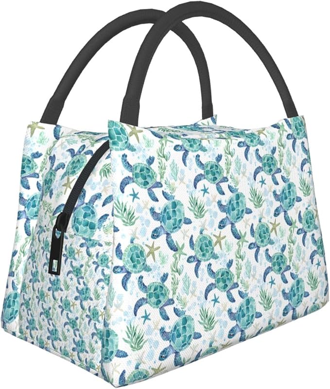 Sea Turtle Insulated Lunch Box for Girls Boys Ocean Lovers,Reusable Tote Bag with Marine Life,Portable Lunchbox Handbag,Makeup Bags Organizer Gifts for Work Office Beach Travel,11x6.3x6.7in