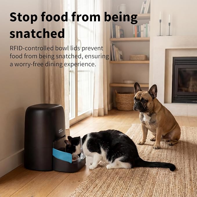 HoneyGuaridan RFID Automatic Cat Feeder with Collar Tag-Activated Personalized Meal, 4.6L 5G WiFi APP Control Cat Food Dispenser with 5000mah Battery,Multi-Pet Homes and Different Diets