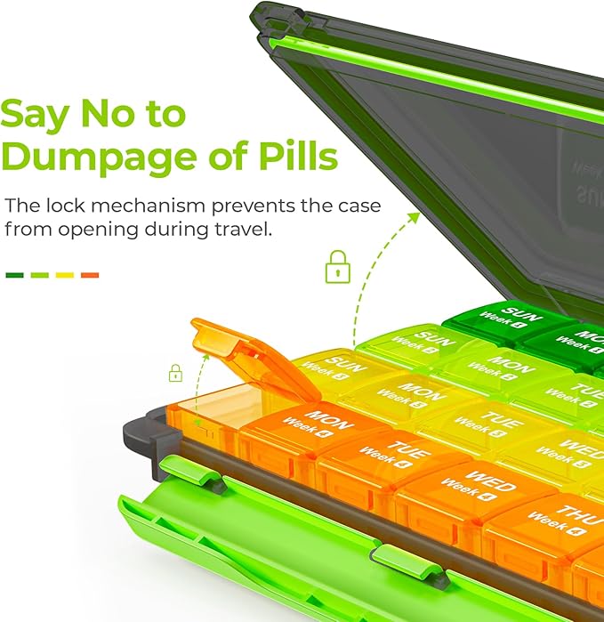 AUVON Moisture-Proof Monthly Pill Organizer, Large 28-Day Compartments | Pill Box Case with Removable 4 Weeks Medication Organizer Rows for Fish Oils, Vitamins, Supplements, Medications, BPA-Free