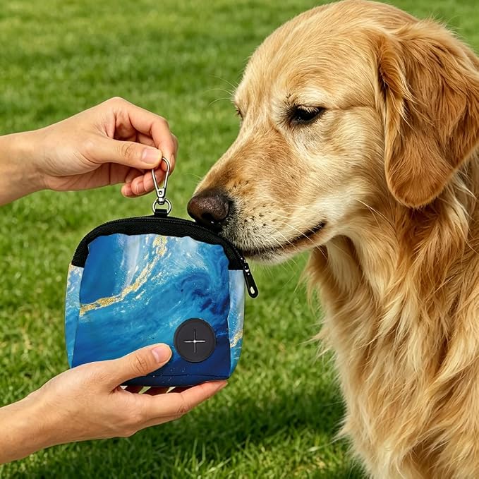 Dog Treat Pouch 5.12 x 4.72 Inch Treat Pouches for Pet Training Blue Marble Texture Polyester Portable Snack Reward Dog Food Dispenser with 1 Roll Garbage Bags for Traveling Outdoor Use