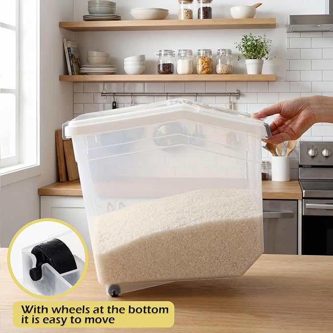 Sunnyray 4 Pcs Rice Storage Container 38 lb Flour Container with Wheels Measuring Cup Clear Pet Food Bin Dog Birds Cat Food Bin Grain Cereal Organizer Box for Dry Baking Supplies(White Lid)