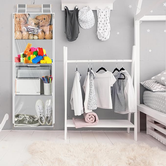 SATINIOR Hanging Stuffed Animal Storage with Zippers Dustproof over The Door Organizer with Large Pockets Different Hanging Methods for Shoes, File (Light Gray,4 Layer)