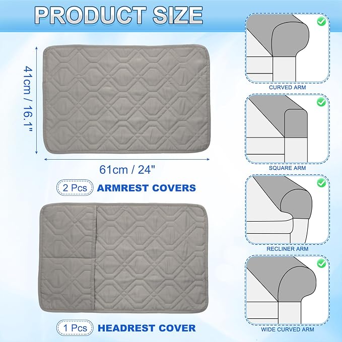 uxcell 3Pcs Sofa Armrest Covers, Armchair Covers with Side Storage Pocket Waterproof Recliner Chair Protector Anti-Slip Couch Arm Headrest Protect for Home Living Room, Reddish Gray