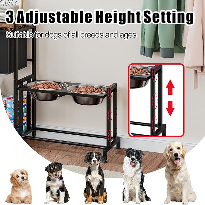 INGIORDAR Elevated Dog Bowls Stand Adjustable Raised Station Toy Bin Basket | Metal Pet Food Feeder Dish Station Non-Slip Dog Bowl Stand Stainless Steel Food Water Bowl for Medium Large Small Dogs