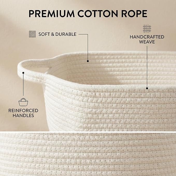 Cotton Rope Storage Basket with Handles, Natural Woven Basket, Decorative Rectangle Organizer Bin for Home, Nursery, Montessori, Dog Toy Storage and Bathroom Organization, White