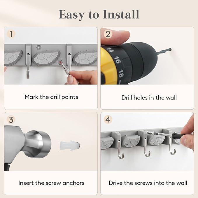 Lifewit Mop and Broom Holder Organizer Wall Mount Non-Slip, 1 Pack, Gray | Easy Install One Handed Push Cleaning Tool Hanger with 6 Hooks 5 Slots, Heavy Duty Hanging Utility Rack for Garden, Garage