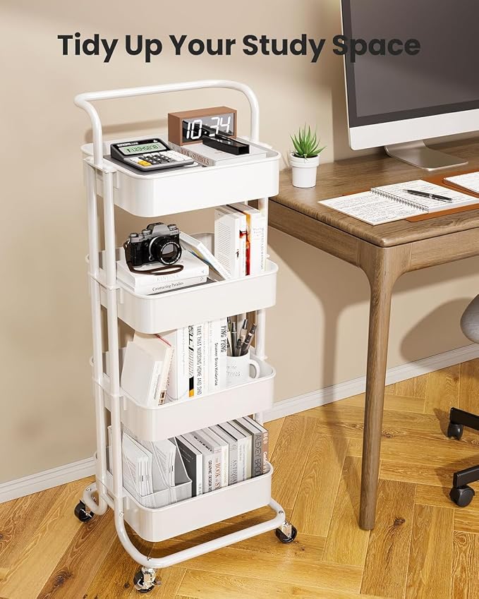 Pipishell Metal 4 Tier Rolling Cart with Handle & 2 Lockable Wheels, White | Four Large 2" Wheels for Easier Movement, Sturdy Metal, Hold 22 lbs per Shelf, Ventilated Mesh Design, for Office and Kitchen