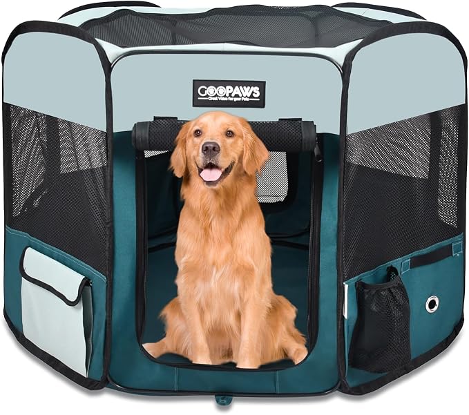 Jespet Soft Dog Playpen, Portable Pet Exercise Pen Kennel with Carry Bag | 2-Door, Easy to Fold, Ground Stakes, Zipper Locks, Large Storage Pocket, Washable Top Mesh Cover & Bottom Cover