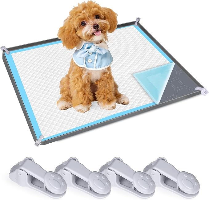 Dog Pee Pad Holder, Dog Potty Tray Silicone Puppy Pad Holder Tray Fits for 37.4" x 25.4" Training Pads, Puppy Potty Tray With 4 Clamps No Spill Raised Lip High Edge for Floor Protection (Grey)