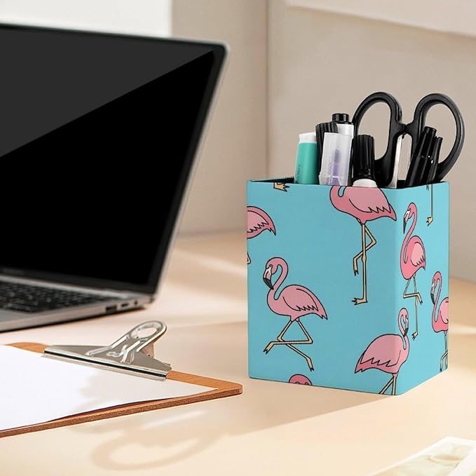 PU Leather Pen Pencil Holder Flamingo Floral Sky Blue Pencil Cup Stationery Container Box Makeup Brush Holder Storage Organizer for Office Supplies