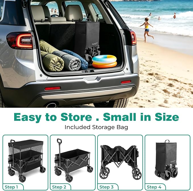 SUNNYFEEL Foldable Wagon Cart with Canopy - 445L Extra Large | 440 LBS Heavy Duty Utility Cart with All-Terrain Wheels, 3-in-1 Portable Wagon for Garden, Grocery, Camping, Beach, Shopping