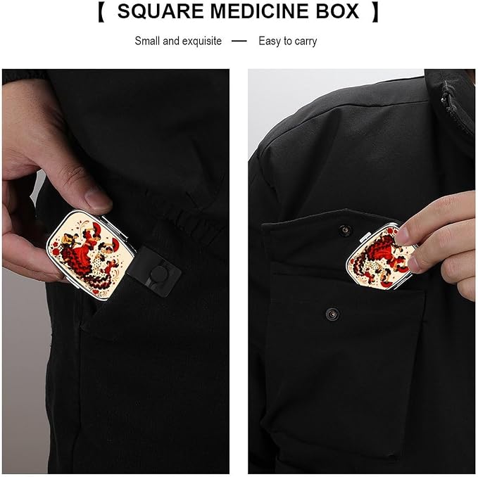 Flamenco Dancers Guitarist Roses Two Compartment Pill Box Medicine Organizer, Portable Pill Case with Secure Snap Closure for Vitamins Medication Supplements Daily Use