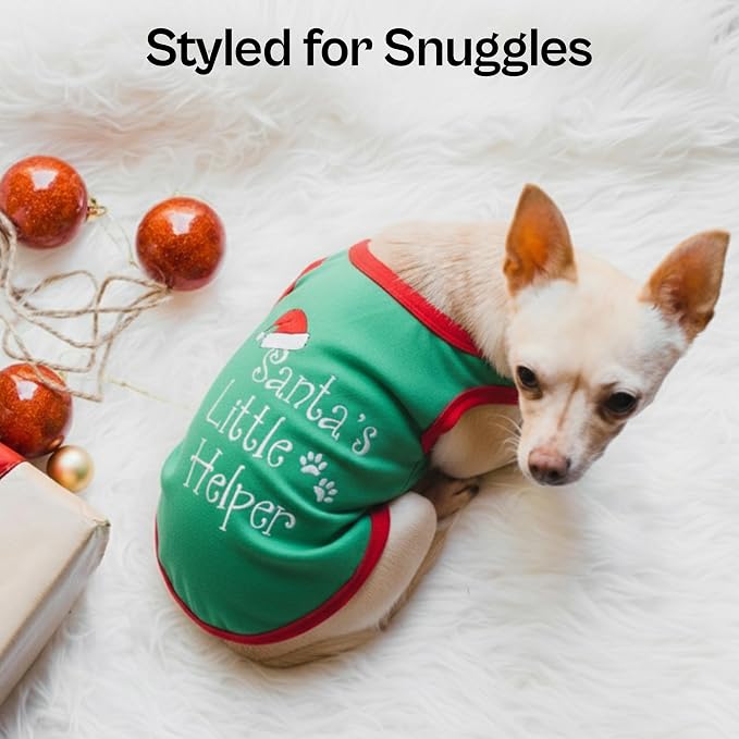 Parisian Pet Dog T-Shirt - Embroidered “Santa’s Little Helper “ Shirt - Lightweight Cotton Dog Christmas Outfit - Sleeveless Christmas Pet Clothes - Shirts for Large Dogs - S