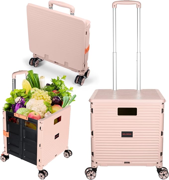 Foldable Utility Cart Portable Rolling Crate Handcart Shopping Trolley Collapsible 4 Rotate Wheels with Durable Heavy Duty Plastic Telescoping Handle for Travel Shopping Moving Storage Office Use