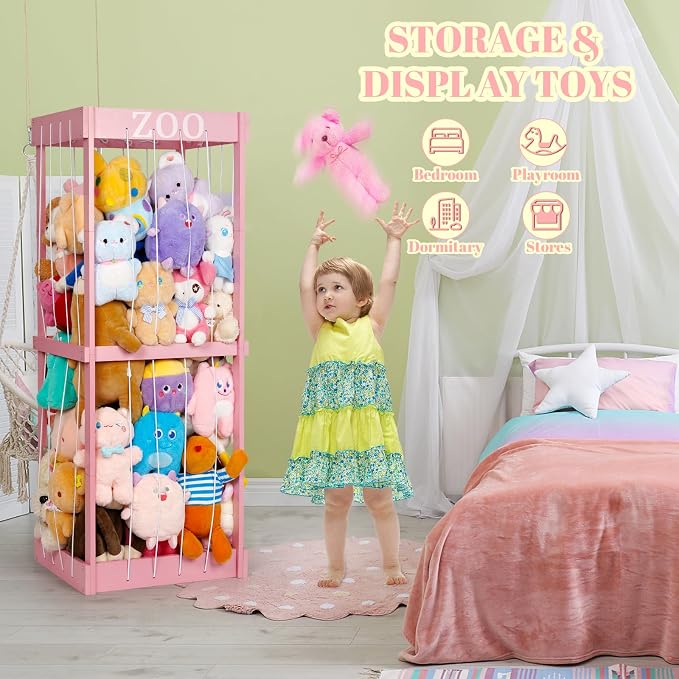 Trycooling Wood Stuffed Animal Zoo Stuffed Animal Storage, Pink | Plushie Storage, Stuffed Animals Zoo Storage Cage with Zoo Pattern Elastic Band for Nursery Play Room Bedroom