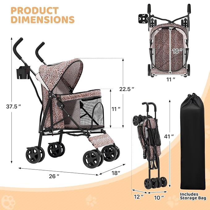 Magshion Compact Fold Pet Travel Stroller for Small Dogs Cats, Leopard | Up to 22lbs, 4-Wheel Lightweight Umbrella Shaped Design, Safety Tethers, Breathable Mesh, Cup Holder & Rear Storage
