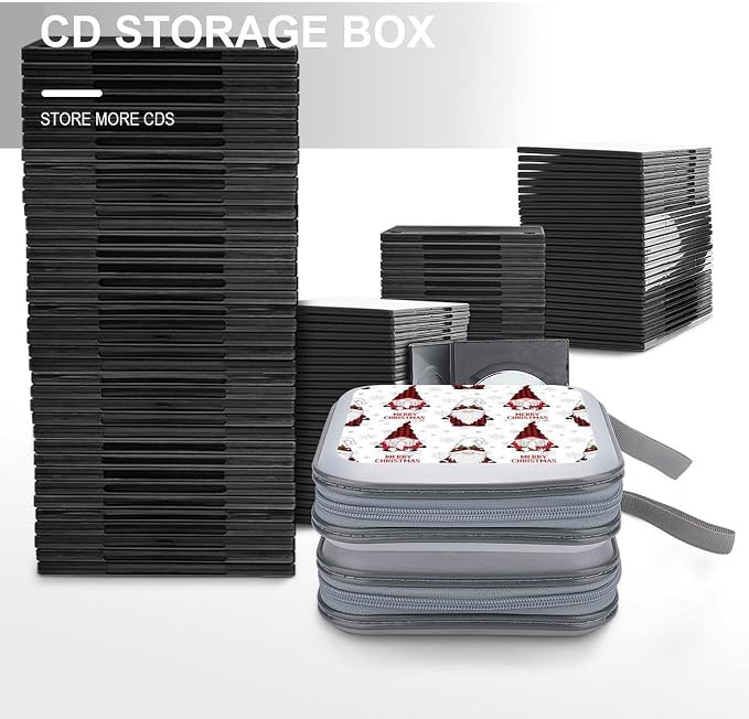 40-Disc CD/DVD Organizer Wallet Silver Snow Gnome On Rustic Grey Wood Plank Winter Christmas, Heavy-Duty Hard Plastic Binder, Portable Storage Case with Carry Strap for Car