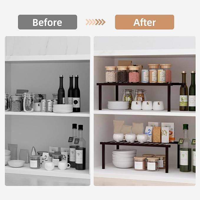 STORAGE MANIAC Expandable Cabinet Organizer Shelf, Set of 4, Brown | 15.8 inches Expandable, Stackable Wire Shelf, Spice Rack, Metal Pantry Storage for Plate Dish, Kitchen Counter Shelves