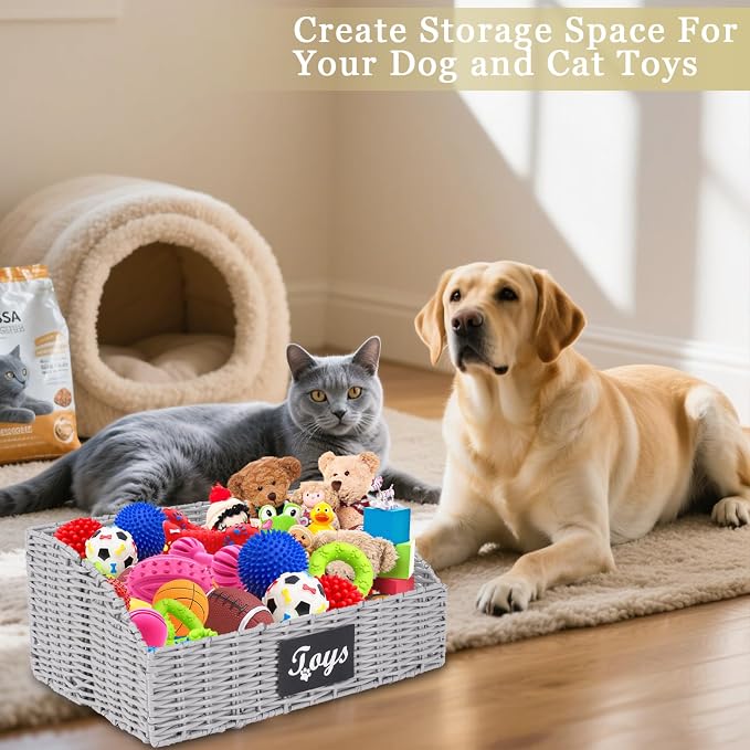 Dog Toy Basket,Cat Toys Bin,Woven Storage basket for Dog Cat Toys,Foldable Dog Toy Box for Living Room Area,Pet Organizer with Wire Frame,Ideal for Pet Accessories(Gray)