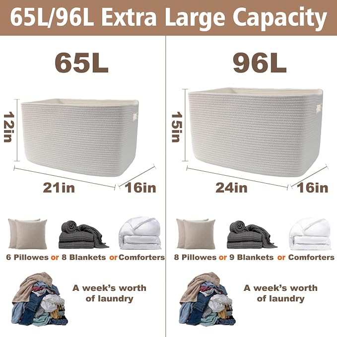 JMvicyroam 65L Large Woven Cotton Rope Blanket Basket, White | Blanket storage for living room or bedroom use, Freestanding with reinforced handles, Entire basket is machine washable