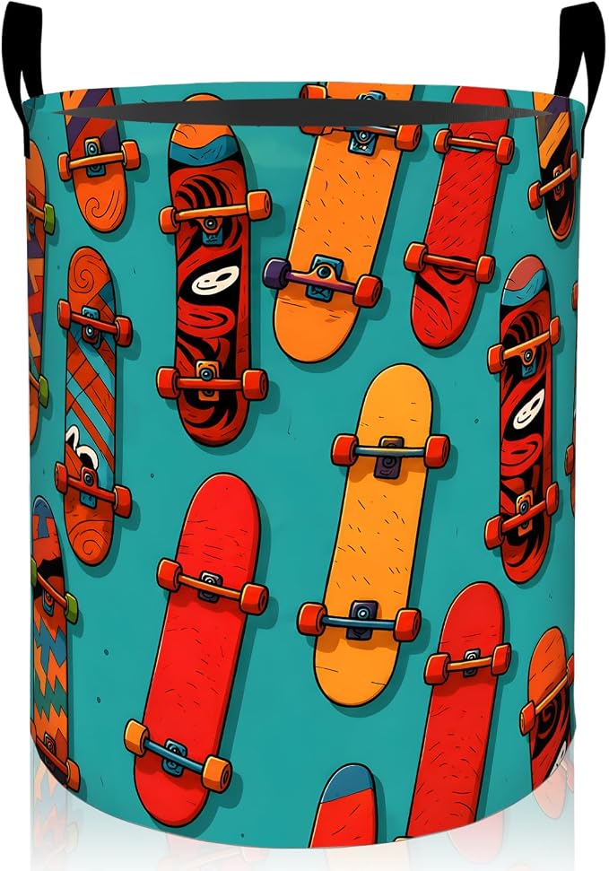 Colorful Skateboard Laundry Basket, Cool Cartoon Foldable Oxford Cloth, Waterproof Dirty Clothes Hamper with Handles, Clothing Storage Bin Toy Organizer for Bedroom Dorm Bathroom, 19.7"x15.7"