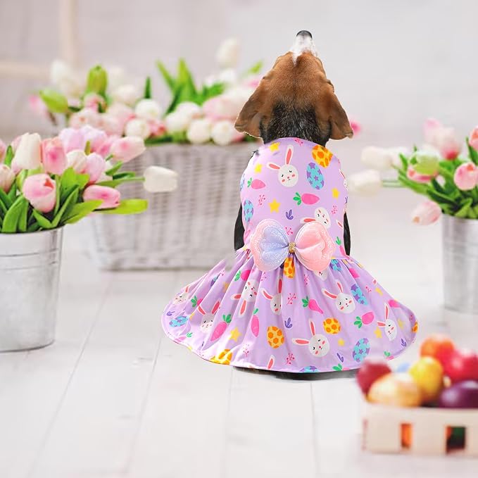 Easter Dog Costume Dress for Pets, Easter Bunny Pet Outfit Dogs Bow Clothes,Purple Puppy Skirt, Spring Dog Outfit,Size M (17.6-19.8 lbs)