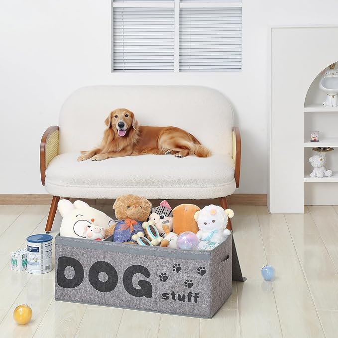 Qozary Dog Toy Storage Box - 3 Grids Large Dog Toy Basket and Storage Bin With Lid for Pet Supplies, Perfect To Keep Everything Organized